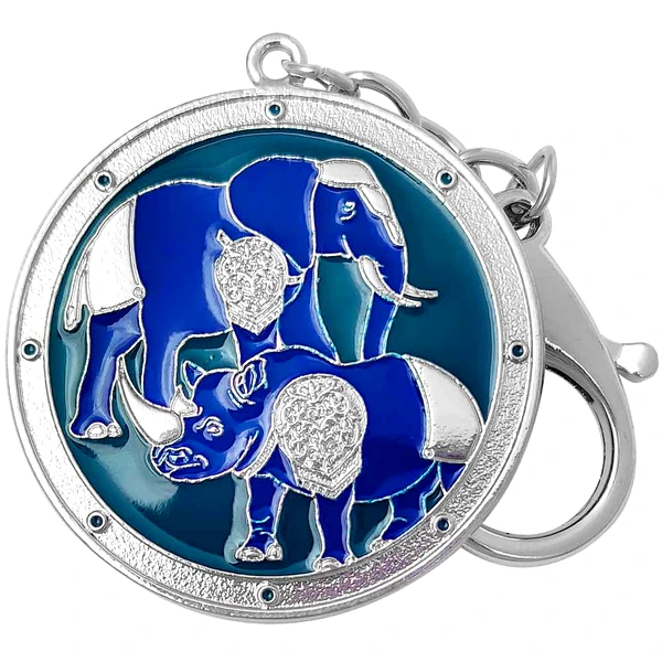 Breloc rinocer si elefant, amuleta protectie accidente, furturi si tradare, metal de calitate, albastru