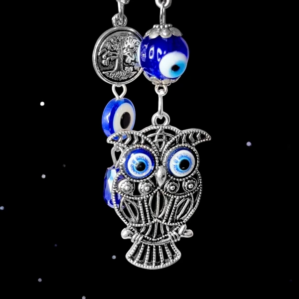 Breloc Bufniță și Ochiul magic norocos, amuletă pentru înțelepciune și dragoste, metal albastru  9.5 cm