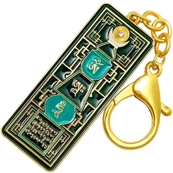 Breloc Pagoda Smarald și Ah Hum, amuletă de protectie ghinion, metal solid verde 12.5 cm