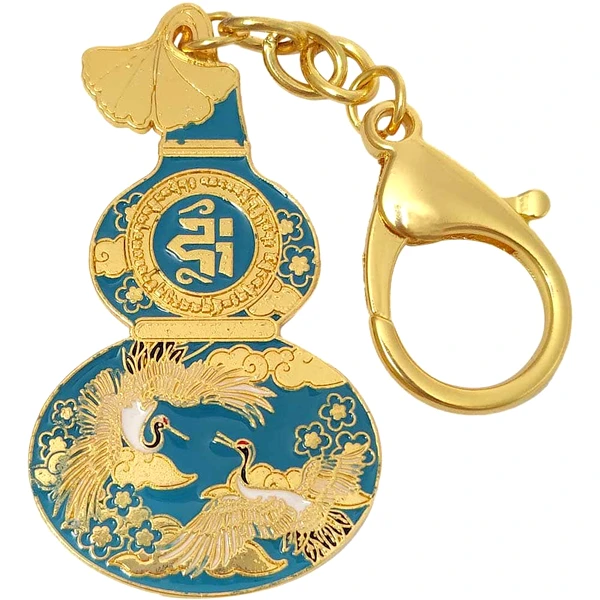 Breloc Wu Lou, Cocori și Frunze de Gingko cu mantră și flori, amuletă feng shui pentru sănătate și relația de dragoste, metal albastru deschis 12 cm