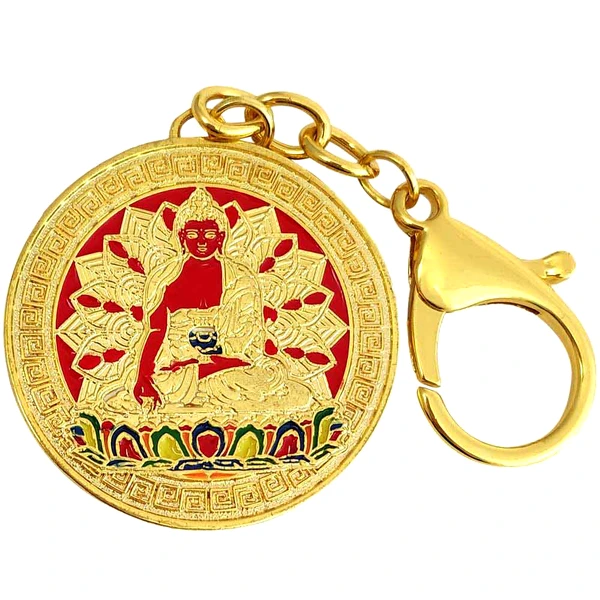 Breloc Ratnasambhava Buddha, amuletă feng shui pentru înțelepciune și bogăție, metal roșu 10 cm