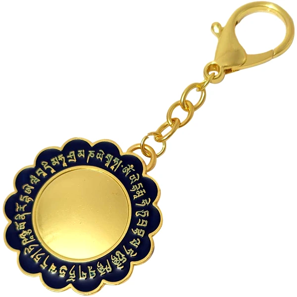 Breloc 28 Silabe HUM cu lotus, amuletă feng shui împotriva geloziei și jignirilor, metal alb cu albastru 10 cm