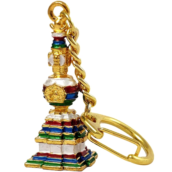 Breloc Stupa Feng Shui cu Buddha al Medicinei, amuleta de protectie boli si vindecare, metal auriu