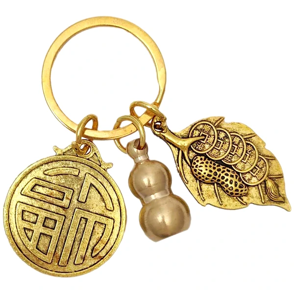 Breloc zodia Câine cu WuLou, amuletă feng shui pentru sănătate și optimism, metal solid auriu, 6 cm