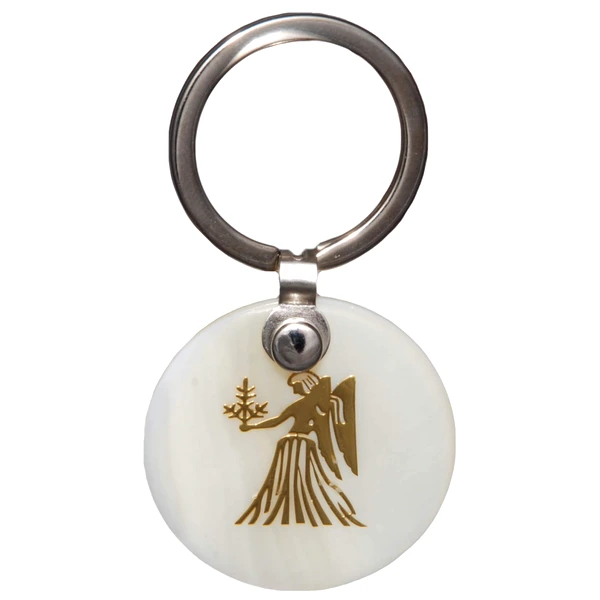 Zodia Fecioara breloc cu pandantiv sidef alb, personalizat cu semn zodiacal, 30 mm