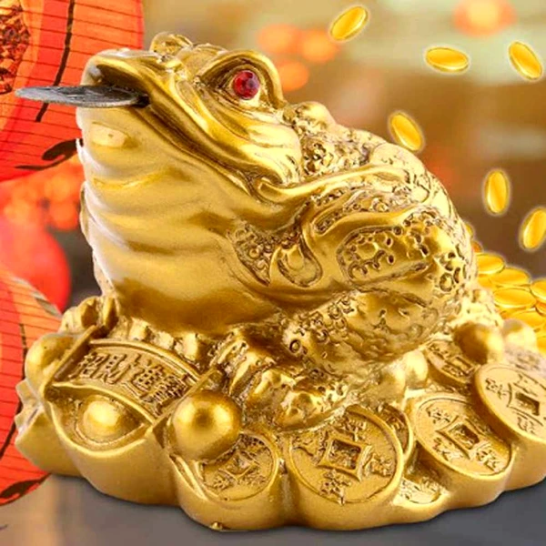 Broasca Feng Shui cu pietre rosii si monede, talisman pentru bani, noroc si bogatie in casa, statueta auriu 55 mm