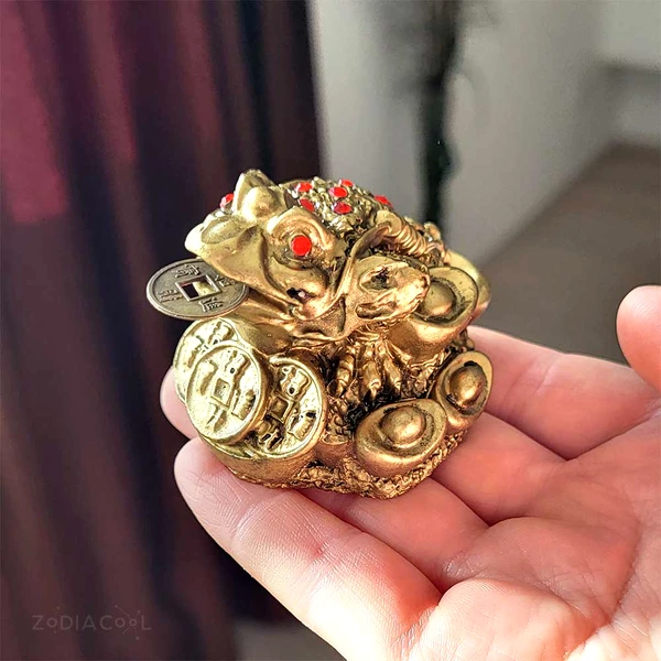 Broasca Feng Shui cu pietre rosii si monede, talisman pentru bani, noroc si bogatie in casa, statueta auriu 55 mm