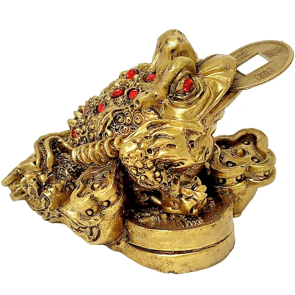 Broasca feng shui cu Ru Yi, amuleta set broscuta aducatoare de bani cu moneda, obiect decor auriu 5 cm