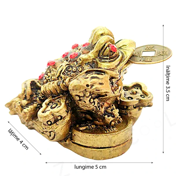 Broasca feng shui cu Ru Yi, set broscuta aducatoare de bani cu moneda, obiect decor auriu 5 cm