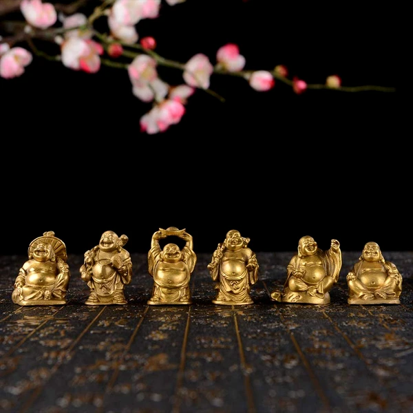 Set 6 Buddha veseli in cutie rosie, simbol al fericirii, mini statuete feng shui auriu