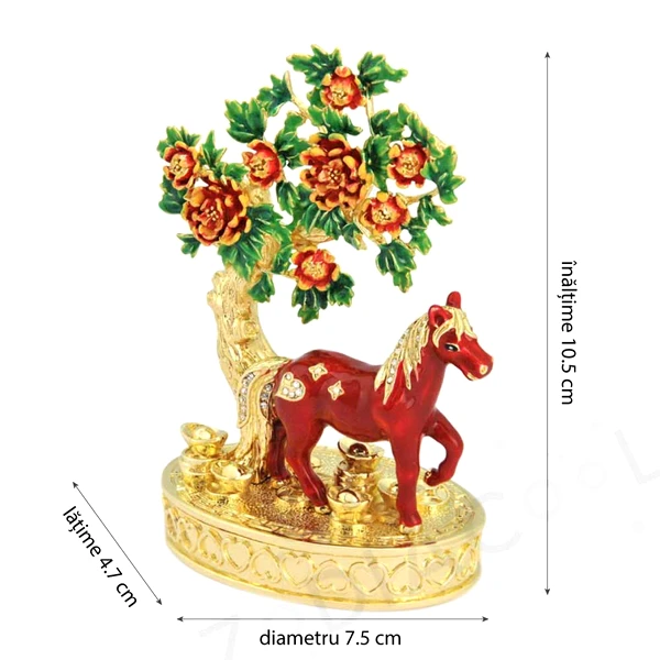 Cal de Floare de Piersic cu pepite, obiect feng shui pentru noroc in dragoste, metal multicolor
