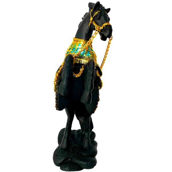 Statuie cal negru cu șa aurie, în două picioare, 19 cm