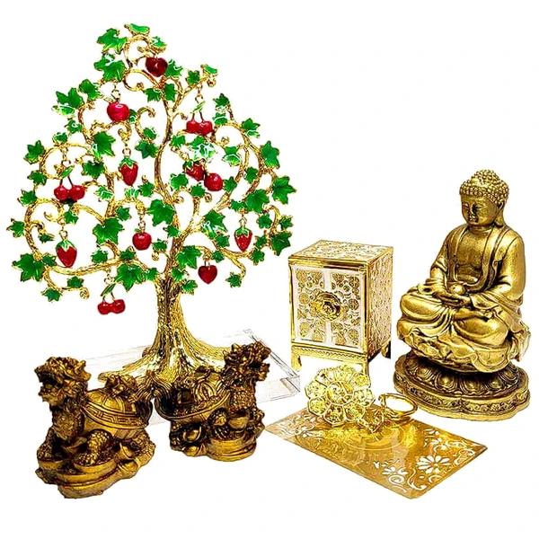 Set statuete Buddha medicinei cu zeita Lakshmi si testoasa dragon, pomul abundentei si cufarul alb al bogatiei, amuleta 8 simboluri si card sanatate
