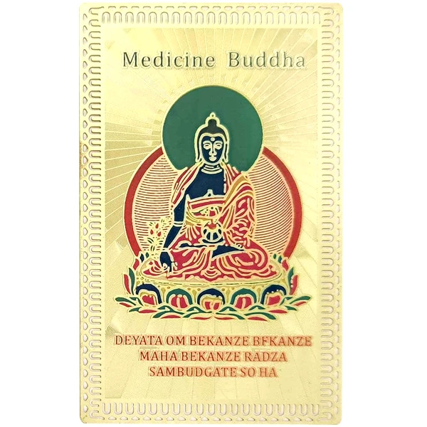 Card Buddha medicinei, amuleta feng shui pentru protectie boli, metal auriu