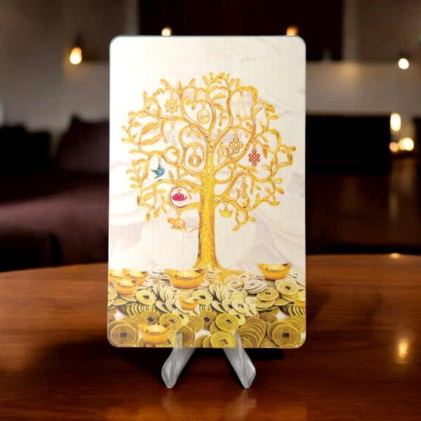Card Copacul Banilor, amuleta bani cu 8 simboluri norocoase, auriu