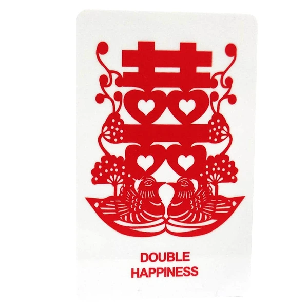Card amuleta dragoste cu simbolul duba fericire, pvc alb cu rosu