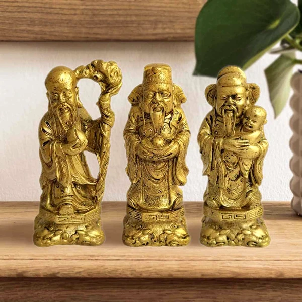 Cei trei intelepti Fuk Luk Sau, set figurine Feng Shui pentru canalizarea dorintelor, statuete auriu