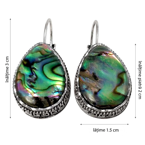 Cercei Mother of Pearl sau nacru sidef, piatra liniștii interioare,  cu motive grecești și tortiță argintie, piatră sidefată 2 cm