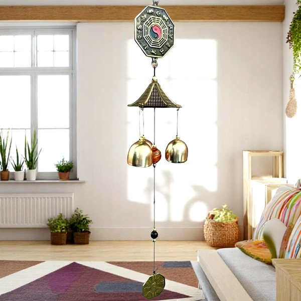 Clopoței de vânt din metal cu 2 pa kua, simbol Yin-Yang și Dragon, pagoda, 3 clopotei decorațiune elegantă pentru balcon sau grădină, cu sunet plăcut și relaxant, 45 cm