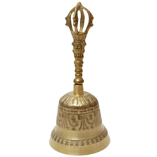 Clopot tibetan cu dublu dorje pentru energizare si purificarea spatiului, metal auriu vintage 14,5 cm