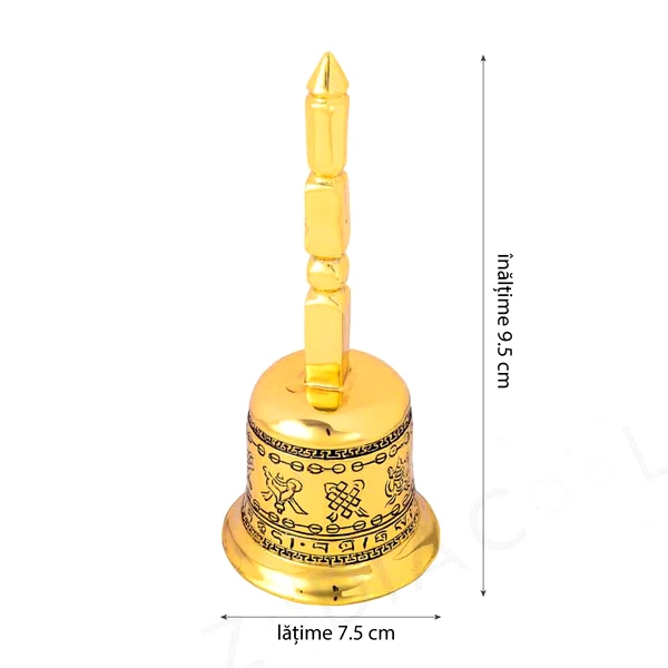 Clopot tibetan cu 8 simboluri norocoase feng shui, pentru multiplicarea norocului, metal, auriu