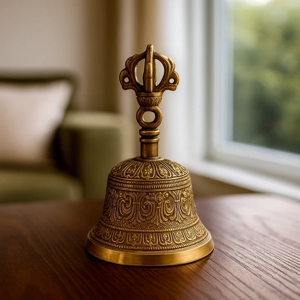 Clopot tibetan cu dublu dorje, pentru energizare si curatare locuinta, metal vintage 14,5 cm