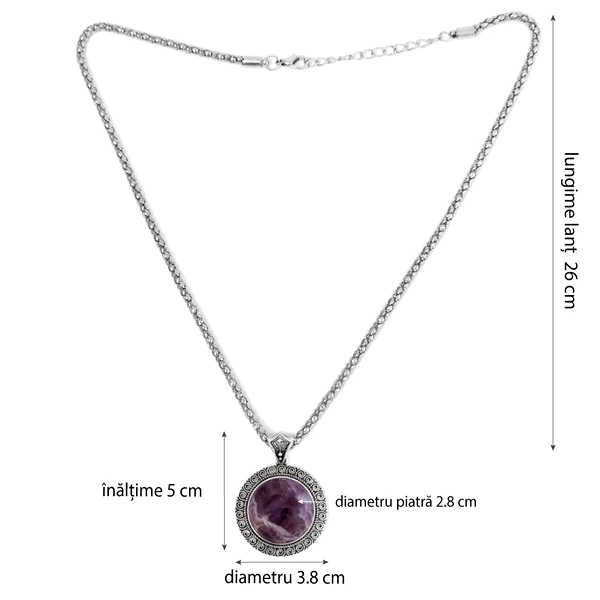 Colier Ametist, pandantiv cu lantisor tip tennis argintiu ajustabil, piatra 3.5 cm mov picatura