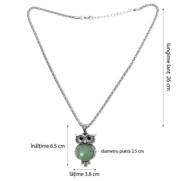 Colier Aventurin pandantiv bufnita cu lantisor tip tennis argintiu ajustabil, piatra 3.5 cm verde