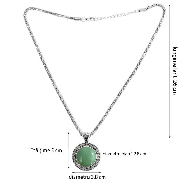 Colier aventurin, pandantiv cu lantisor tip tennis argintiu ajustabil, piatra rotund sau oval 3.5 cm verde