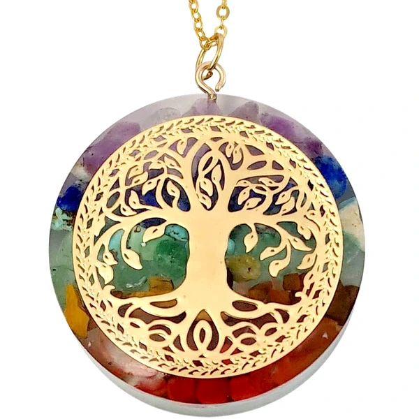 Pandantiv 7 chakra cu pietre semipretioase si copacul vietii, set cu lantisor auriu, piatra 35 mm