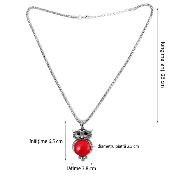 Colier Jasp rosu pandantiv bufnita cu lantisor tip tennis argintiu ajustabil, piatra 3.5 cm