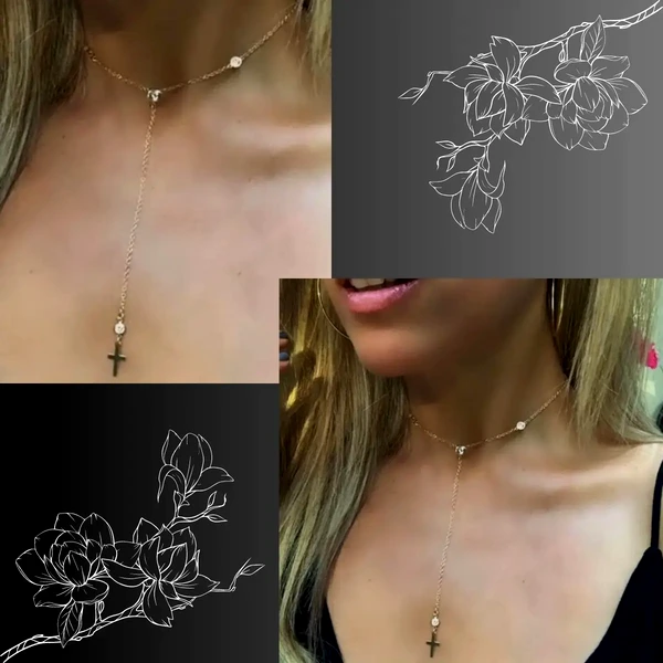 Colier cruciulita choker cu trei ornamente sub forma de cristale transparente, auriu