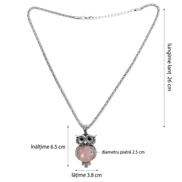 Colier cuart roz pandantiv Bufnita, lantisor tip tennis argintiu ajustabil, piatra 3.5 cm
