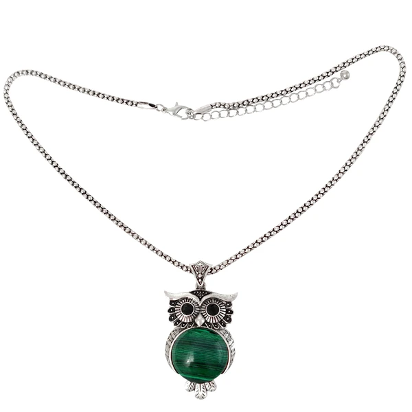 Colier Malachit pandantiv bufnita cu lantisor tip tennis argintiu ajustabil, piatra 3.5 cm verde