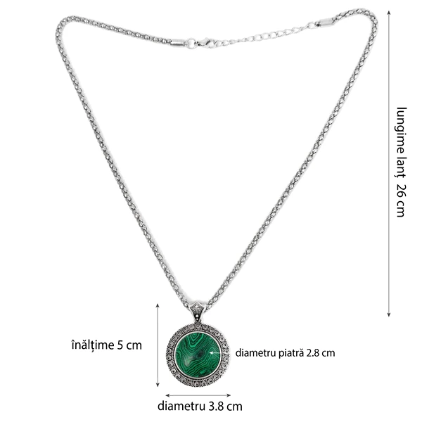 Colier Malachit rotund, pandantiv cu lantisor tip tennis argintiu ajustabil, piatra 3.5 cm verde