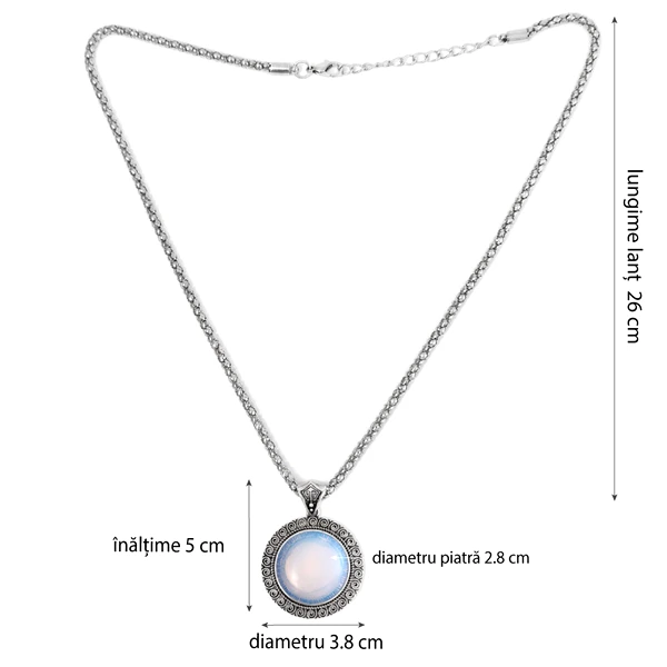 Colier Opal rotund, pandantiv cu lantisor tip tennis argintiu ajustabil, piatra 3.5 cm alb bleu