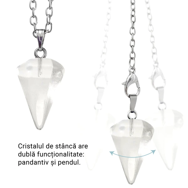 Pendul de Cristal de Stanca, set cu lant usor pentru colier, alb transparent
