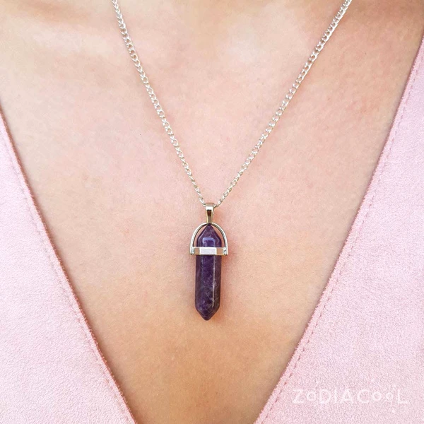 Pandantiv Ametist, piatra spiritualității, set lănțisor oțel inoxidabil si cristal natural hexagonal 34 mm dublu vârf violet