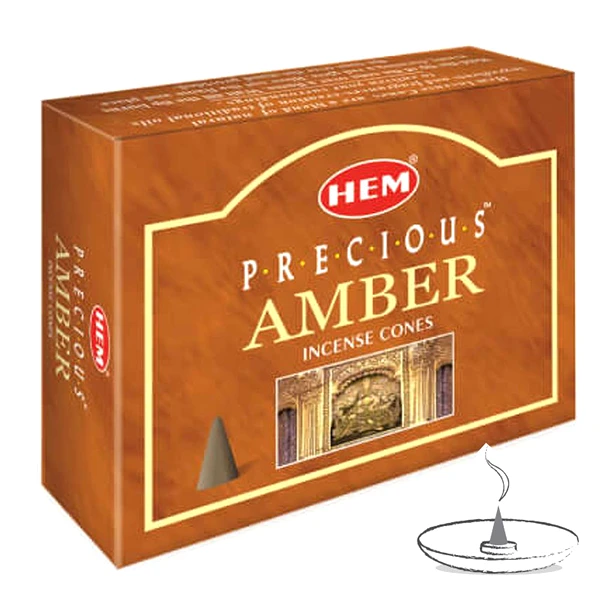 Conuri parfumate Ambra, profesional HEM Amber, aroma orientală și dulce, set 10 conuri (25g) suport metalic inclus
