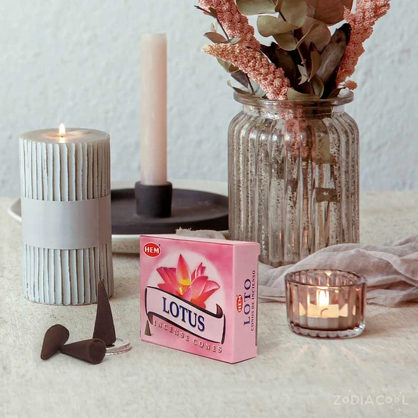 Conuri parfumate Lotus, HEM profesional Lotto, cu aroma dulce, 10 conuri (25g) aromaterapie, suport metalic inclus