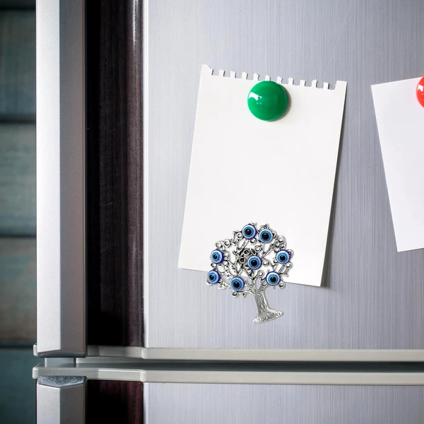 Magnet frigider copacei decorativi cu ochiul magic albastru, popular ca Ochiul Horus simbol de protectie, 5 cm argintiu