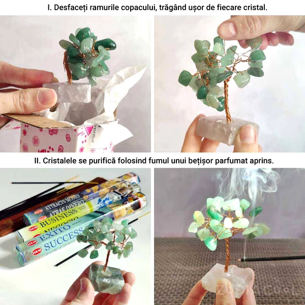 Copacei decorativi Aventurin, piatra prosperitatii, copacel Feng Shui cu cristale pe suport din pietre semipretioase, 8 cm verde 