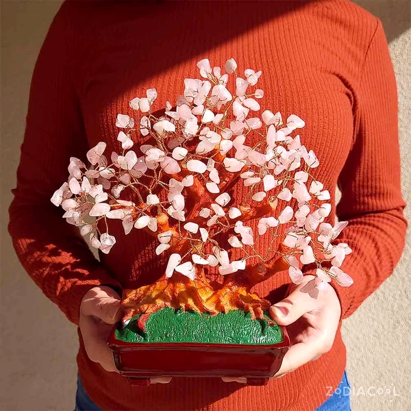 Copacei decorativi cuart roz XXL, pietre semipretioase pentru dragoste si casatorie, suport ghiveci, 25-27 cm