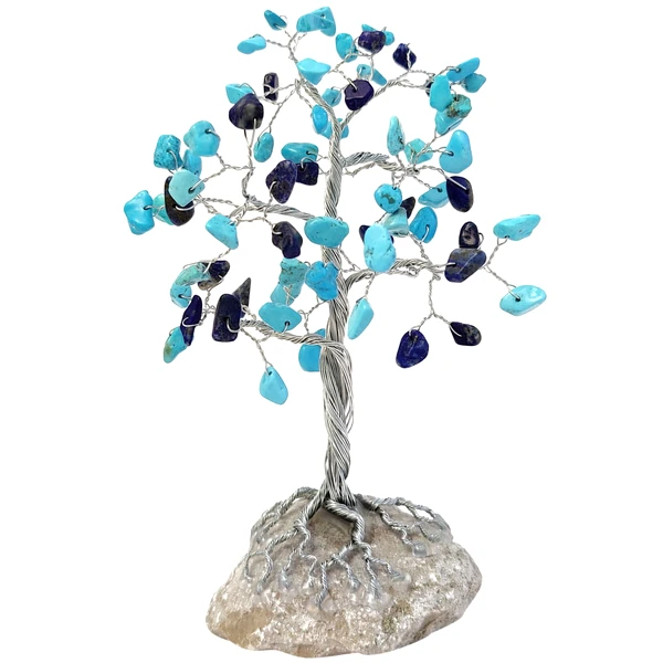 Copacei decorativi Lapis Lazuli si Turcoaze, pietre pentru echilibru si succes, suport piatra naturala 15 cm cristal albastru
