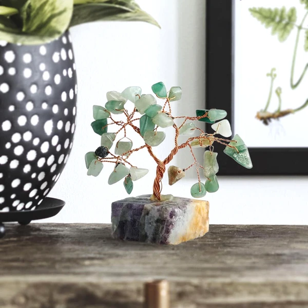 Copacei decorativi Aventurin, piatra prosperitatii, copacel Feng Shui cu cristale pe suport din pietre semipretioase, 8 cm verde 