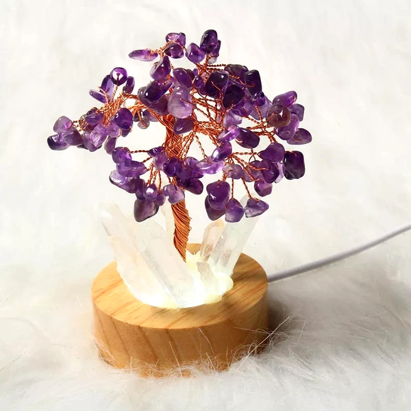 Copacel decorativ ametist cu lumini, pietre protectie energii negative, obeliscuri cristal pe soclu lemn si cablu usb, 12 cm mov