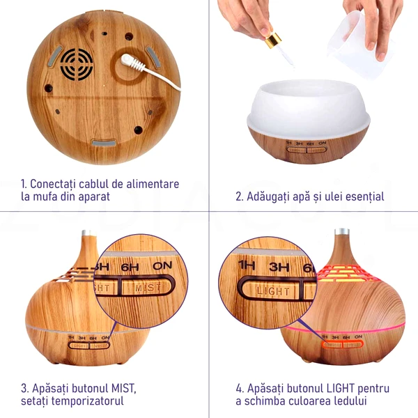 Difuzor aromaterapie stejar, umidificator camera 400 ml cu telecomanda si lumina led