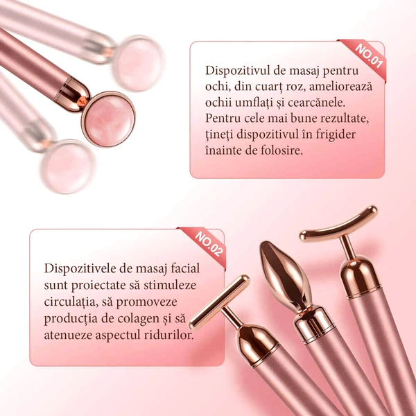 Aparat masaj facial 4in1 cu cuart roz, aparat lifting, set 4 capete, baterie AA, 160 mm