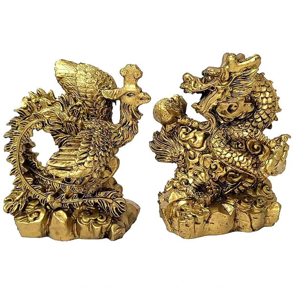 Phoenix cu Dragon, set 2 statuete feng shui puternice pentru dragoste, casnicie fericita si de durata, auriu