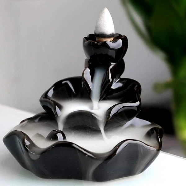 Fantana fum Floare, suport 2 conuri fumigene parfumate si betisoare, ceramica negru